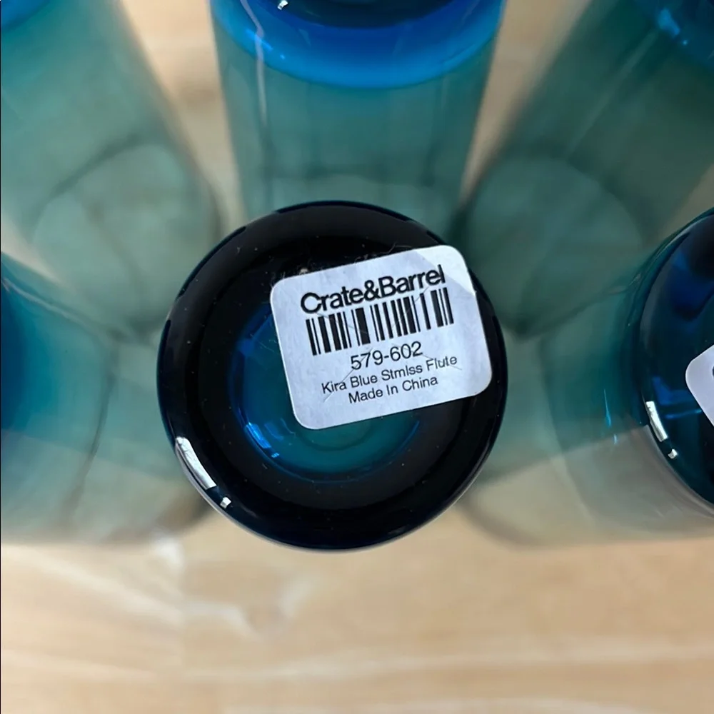 Crate & Barrel Set of Six Blue Stemless Flute Glasses